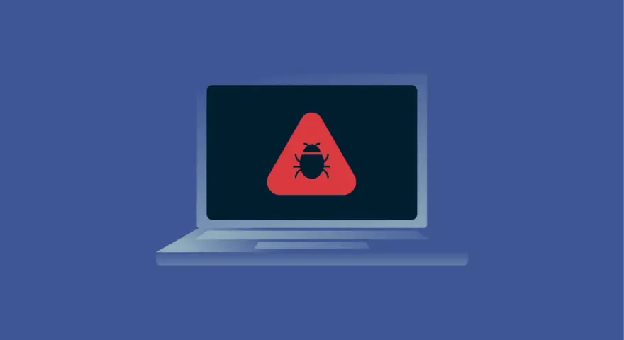 Laptop con alerta de virus. Un icono de insecto rojo dentro de un triángulo de advertencia en la pantalla indica la necesidad de un análisis de virus.