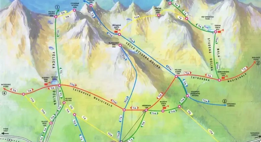 Mapa szlaków turystycznych Tatr Słowackich. Widok na Tatry od strony słowackiej z zaznaczonymi dolinami i szlakami.