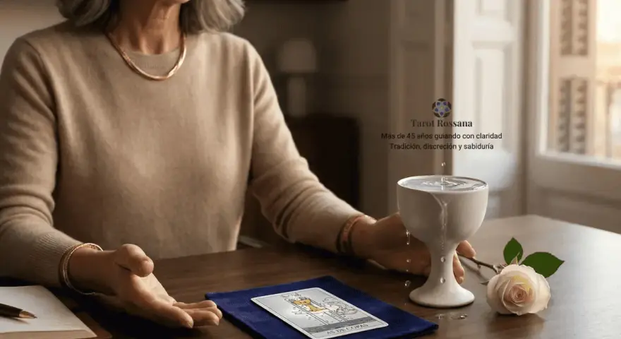 Mujer con tarot, copa de agua y rosa. Posibles combinaciones de la reina de oros para una lectura clara.