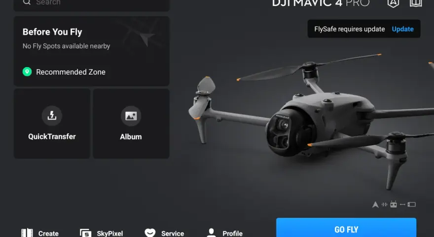 DJI Mavic 4 Pro interface shows "Before You Fly" and "FlySafe requires update." A drone is featured.