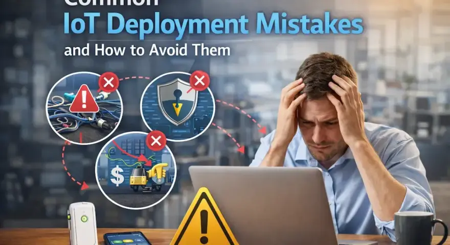 A stressed man is designing for IoT, facing common deployment mistakes like tangled wires, security breaches, and financial losses.