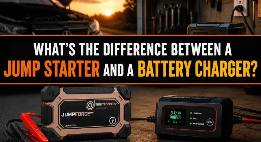 A jump starter and a battery charger are shown side-by-side, illustrating the difference between jump starting a car and trickle charging a battery.