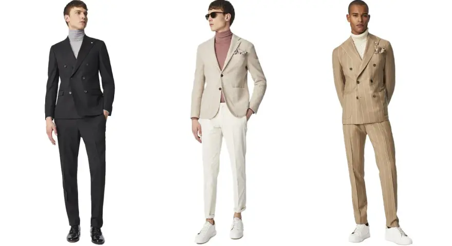 Tre uomini indossano eleganti completi spezzati, perfetti per un matrimonio moderno.