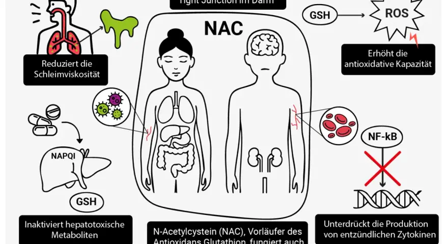 NAC wirkt auf Lunge, Darm und Leber. Es reduziert Schleim, stärkt Tight Junctions und inaktiviert toxische Metaboliten. Die NAC Wirkung schützt vor oxidativem Stress und Entzündungen.