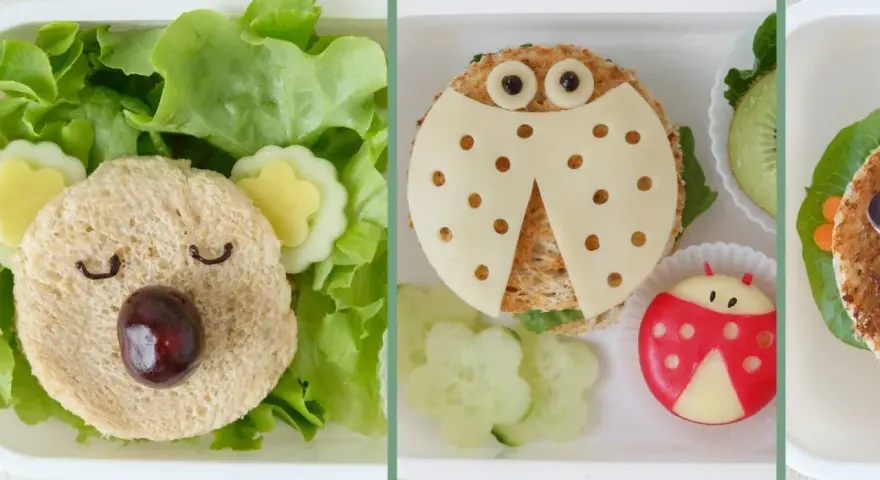 Kreative Bento-Boxen mit lustigen Tier-Sandwiches, perfekt für Kinder. Ein Bär, Marienkäfer und mehr machen gesunde Wraps kinderfreundlich.