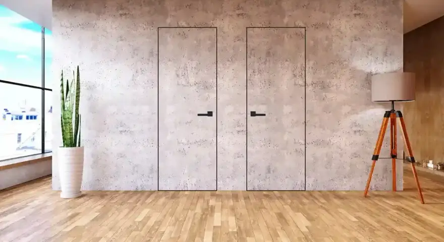 Minimalistyczne drzwi w betonowej ścianie, idealne, by zamaskować przejście. Obok stoi roślina i lampa.