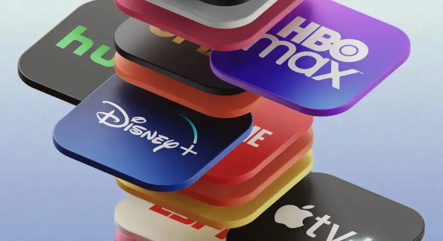 Stos ikon serwisów streamingowych: Disney+, HBO Max, Hulu, Apple TV+ i inne.