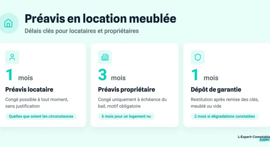 Préavis location meublée : 1 mois locataire, 3 mois propriétaire. La loi du 6 juillet 1989 encadre ces délais. Dépôt de garantie : 1 mois.