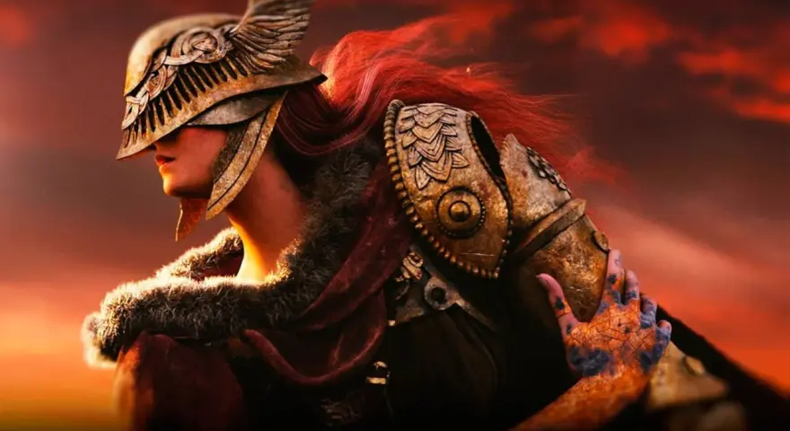 Guerrera con armadura dorada y cabello rojo, lista para la batalla en Elden Ring PS4.