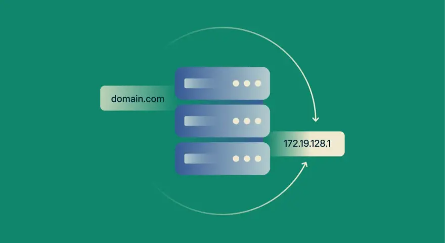 Illustration visar hur funkar internet: domännamn kopplas till IP-adresser via servrar.