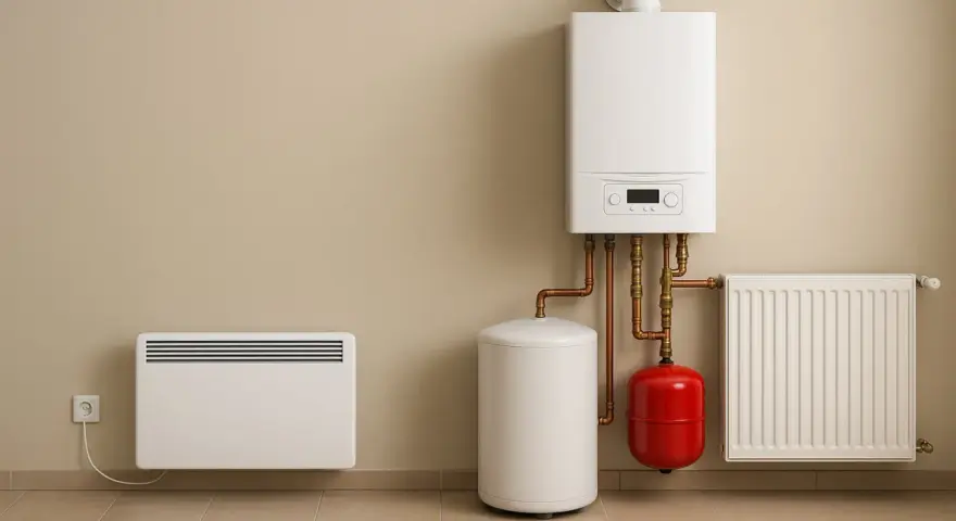 Nowoczesny system ogrzewania elektrycznego: kocioł, zasobnik, grzejnik i panel.