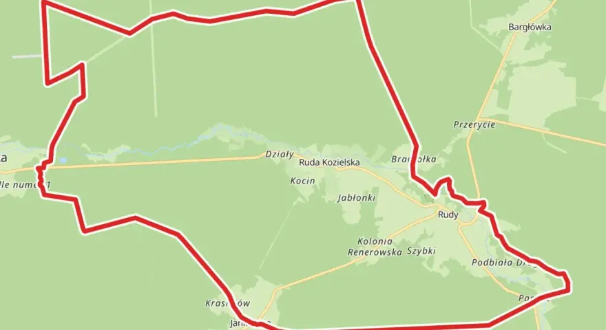 Mapa z zaznaczonymi trasami rowerowymi Śląsk. Czerwona linia wyznacza pętlę przez Działy, Rudy, Krasów i inne miejscowości.