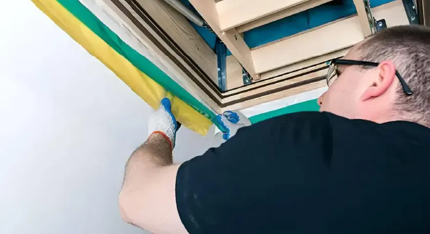 Mężczyzna w rękawiczkach montuje izolację schodów strychowych.