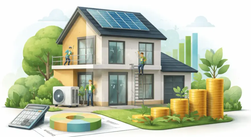 Casa con pannelli solari, condizionatore e operai che lavorano. Grafici, monete e calcolatrice suggeriscono i massimali ecobonus per il risparmio energetico.