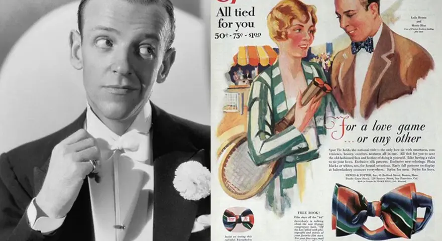 Fred Astaire con papillon, e pubblicità "Spur Tie" che mostra come mettere il papillon con stile.