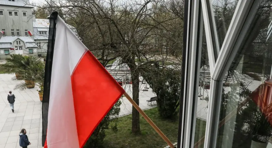 Biało-czerwona flaga na tle drzew i budynków. Czy flaga może wisieć cały rok? Pytanie o symbol dumy narodowej.
