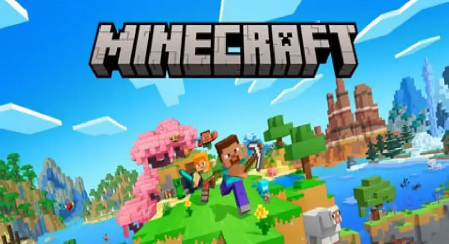 Steve y Alex exploran un mundo vibrante de Minecraft en PS5, con árboles rosados, montañas y ovejas.