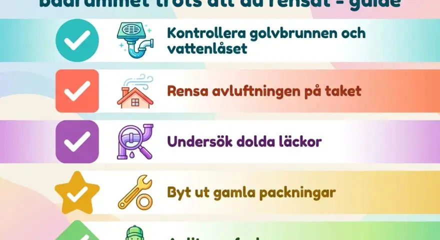 Checklista för dålig lukt avlopp: Kontrollera golvbrunn, rensa avluftning, undersök läckor, byt packningar, anlita fackman.
