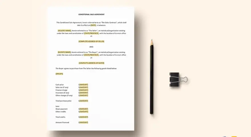 Dokument "Conditional Sale Agreement" z ołówkiem i spinaczem biurowym.