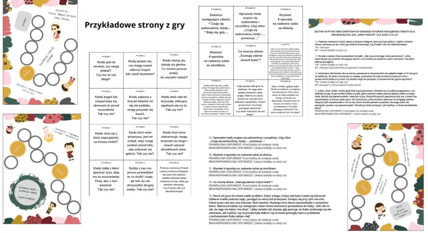 Gra planszowa "Przykładowe strony z gry" uczy stawianie granic dziecku. Przykłady pytań pomagają zrozumieć, jak reagować w trudnych sytuacjach.