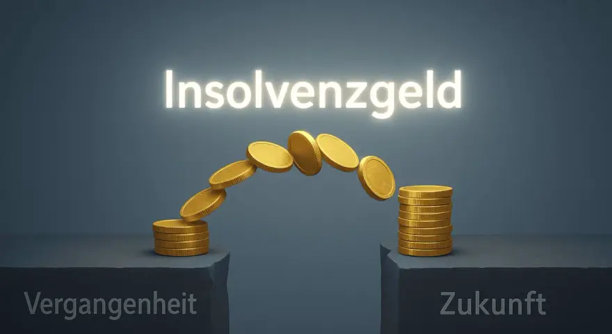 Goldmünzen bilden eine Brücke zwischen "Vergangenheit" und "Zukunft". Die Frage "wie lange dauert es bis das Arbeitsamt Insolvenzgeld zahlt" wird visuell thematisiert.