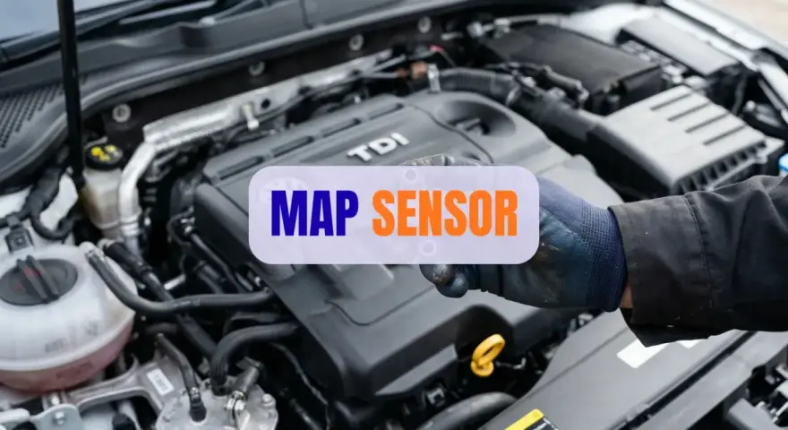 Mechanik sprawdza silnik, na którym widnieje napis "MAP SENSOR". Poznaj objawy uszkodzenia tego elementu.
