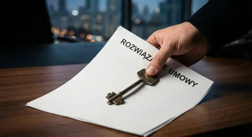 Dłoń kładzie klucz na dokumencie "Rozwiązanie umowy". Konsekwencje porzucenia pracy mogą być dalekosiężne.