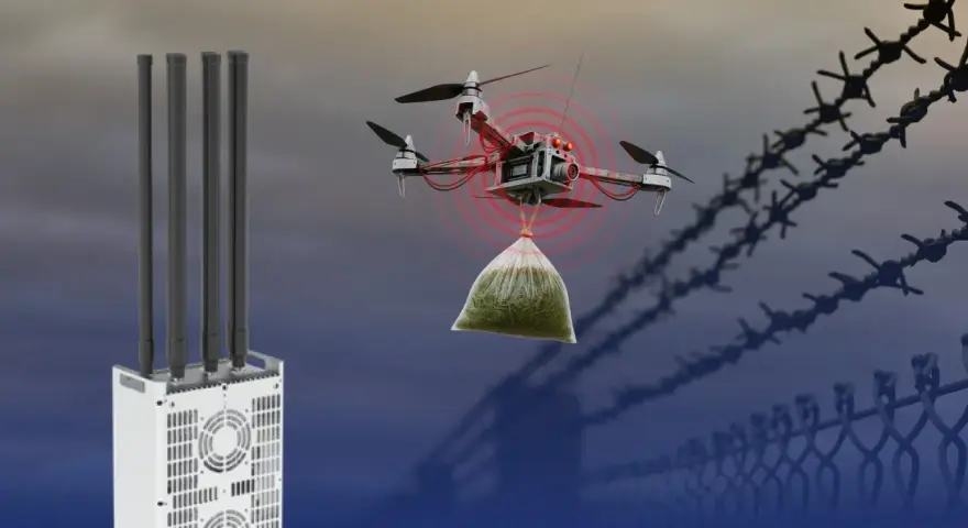 A drone carrying a bag of contraband is detected near a fence. A UAV jammer with multiple antennas stands ready to disrupt its flight.