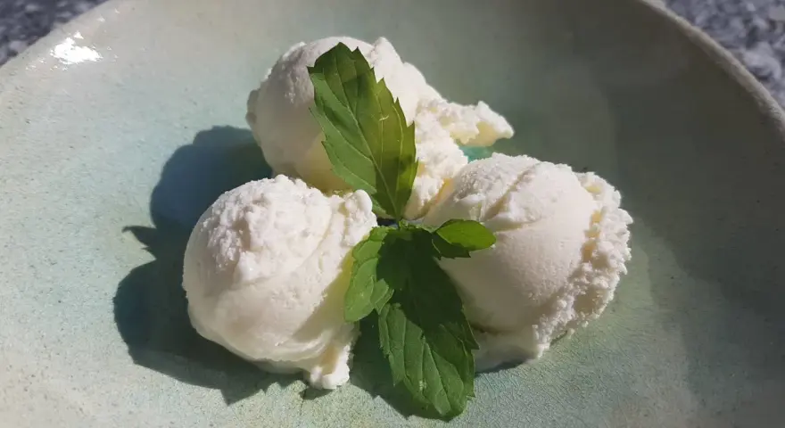 Drei Kugeln cremiges Bergamotte Eis mit frischer Minze auf einem hellgrünen Teller.