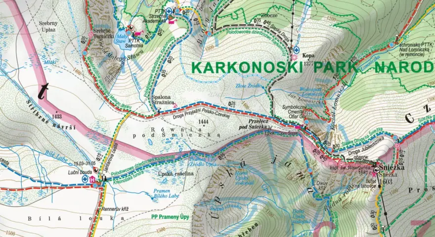 Mapa Karkonoszy, części Sudetów, z zaznaczonymi szlakami, schroniskami i szczytami, w tym Śnieżką.
