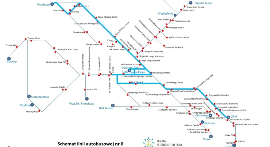 Schemat linii autobusowej nr 6 Żeglugi Ostródzko-Elbląskiej. Mapa pokazuje trasy i przystanki, m.in. w Ostródzie, Elblągu i okolicach.