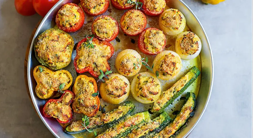 Vassoio di verdure ripiene al forno: pomodori, peperoni, cipolle e zucchine, dorate e profumate.