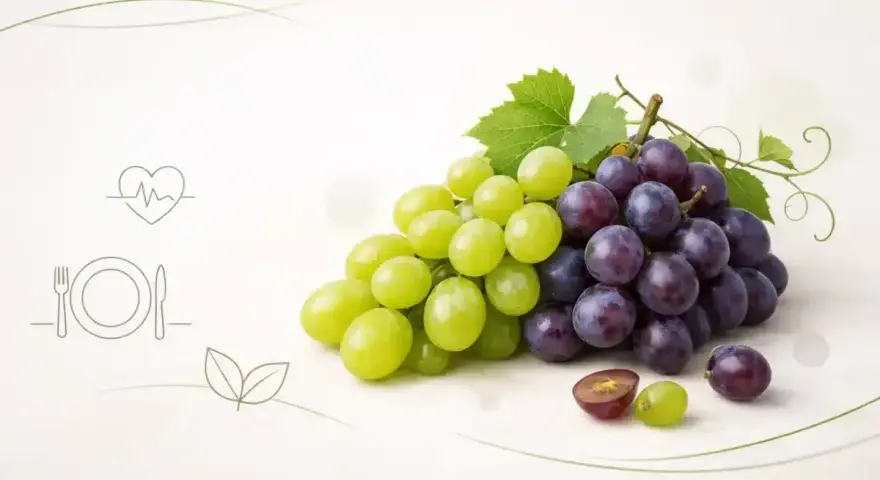 Zielone i fioletowe winogrona, symbolizujące zdrowie i dietę. Czy winogrona są zdrowe? Tak, to pyszny i pożywny owoc.