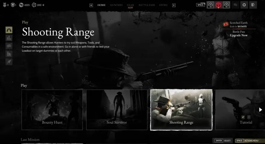 Menu gry Hunt Showdown na PS5. Wybierz "Shooting Range", by przetestować broń i wyposażenie.