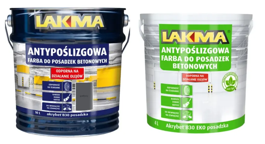 Dwie puszki farby LAKMA Antypoślizgowa do posadzek betonowych. Szukasz idealnej farby do betonu na zewnątrz? Ta jest odporna na oleje i ścieranie.