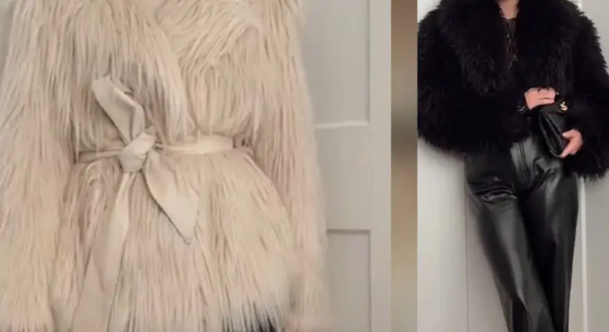 Kremowe i czarne sztuczne futra, które pokazują, czy sztuczne futra są modne. Eleganckie i stylowe okrycia.
