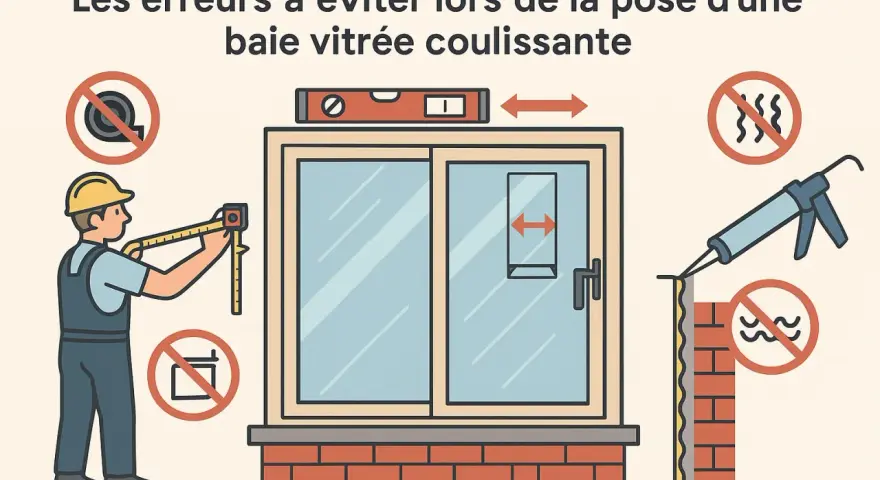 Un ouvrier mesure une baie vitrée coulissante. L'image illustre les erreurs à éviter lors de la pose, notamment en maçonnerie.