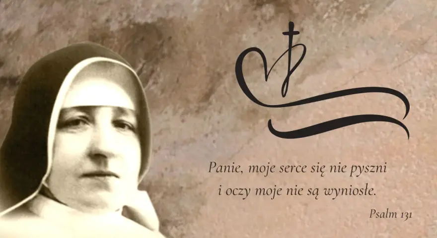 Siostra zakonna, symbol serca z krzyżem i cytat z Psalmu 131. Jej powołanie to pokora i służba.