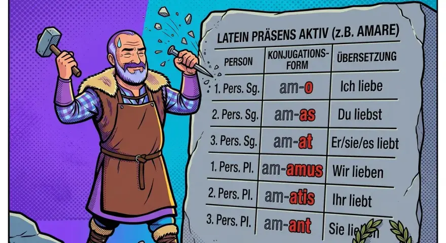 Ein Mann meißelt die Konjugation lateinischer Verben in Stein. Die Tabelle zeigt Präsens Aktiv von "amare".