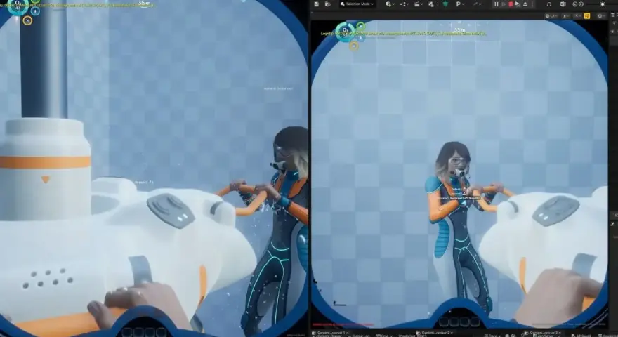 Jugando Subnautica 2 en PS5, una exploradora interactúa con una criatura blanca y naranja en un entorno acuático.