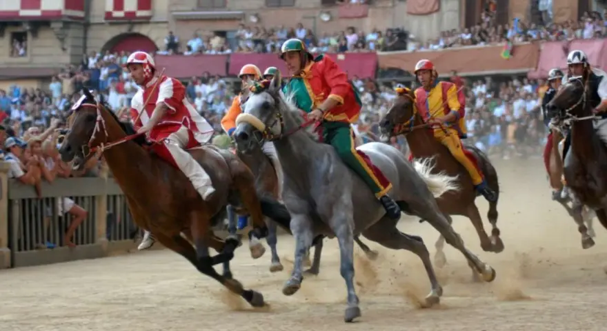 Jockeys in colorful silks race horses during the Palio di Siena. Dust flies as the horses thunder across the track, a thrilling spectacle of the historic siena horse race.