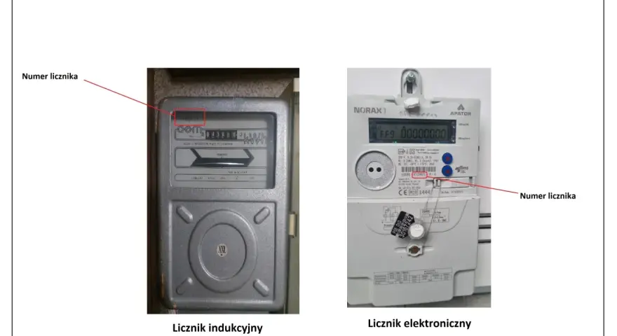Na zdjęciu widoczne są dwa liczniki prądu: indukcyjny i elektroniczny. Na obu zaznaczono, gdzie znajduje się numer licznika.