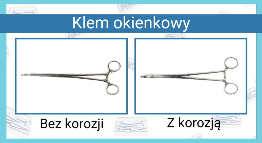 Klem okienkowy: narzędzia chirurgiczne nazwy. Po lewej klem bez korozji, po prawej z widocznymi śladami korozji.