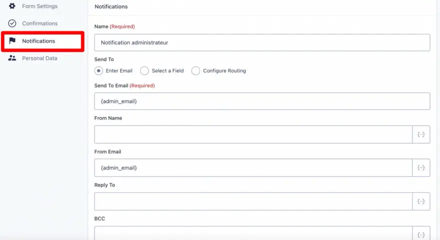 Configuration des notifications pour un formulaire Gravity Forms WordPress.
