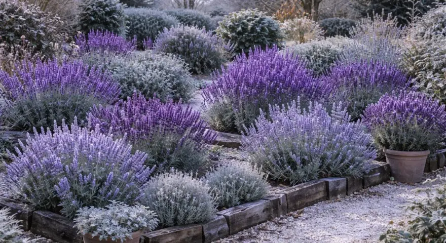 Ein Garten mit verschiedenen Lavendel-Sorten, die in voller Blüte stehen. Die violetten Blüten bilden einen schönen Kontrast zu den graugrünen Blättern und dem Kiesweg.