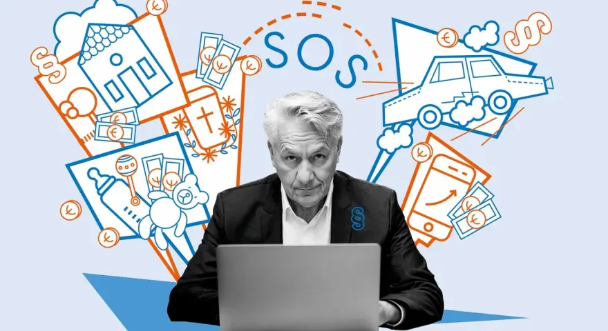 Ernsthafter Mann am Laptop, umgeben von Symbolen für Haus, Auto, Baby, Geld und SOS. Hilfe bei Fragen zu kostenlose rechtsberatung mietrecht.