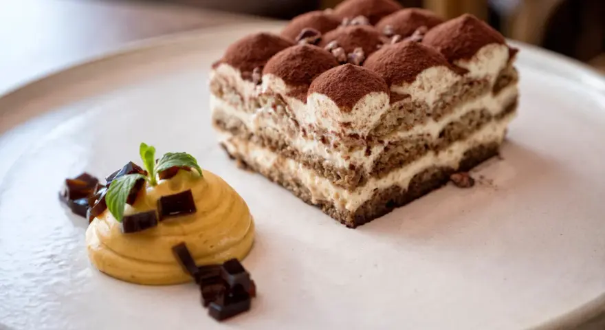 Pyszne domowe ciasta na wesele: tiramisu i mus z galaretką, udekorowane miętą.
