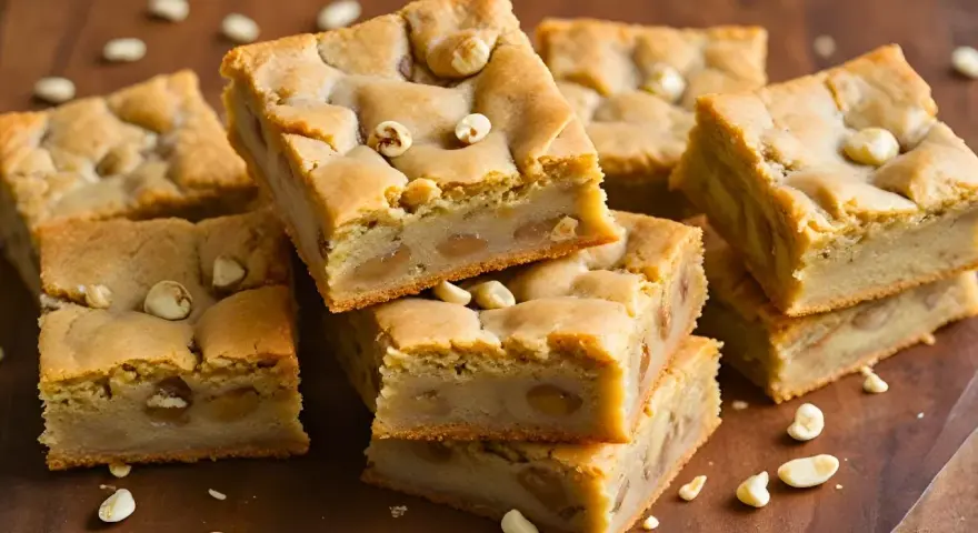 Słodkie brownie i blondie z orzechami makadamia, ułożone na drewnianej desce.