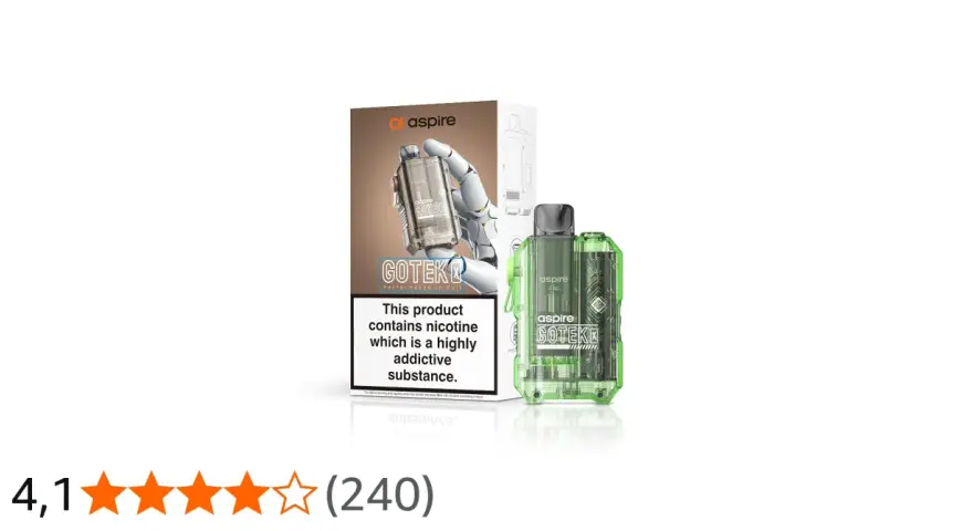 Aspire Gotek, un dispositivo pod transparente y verde con su caja.