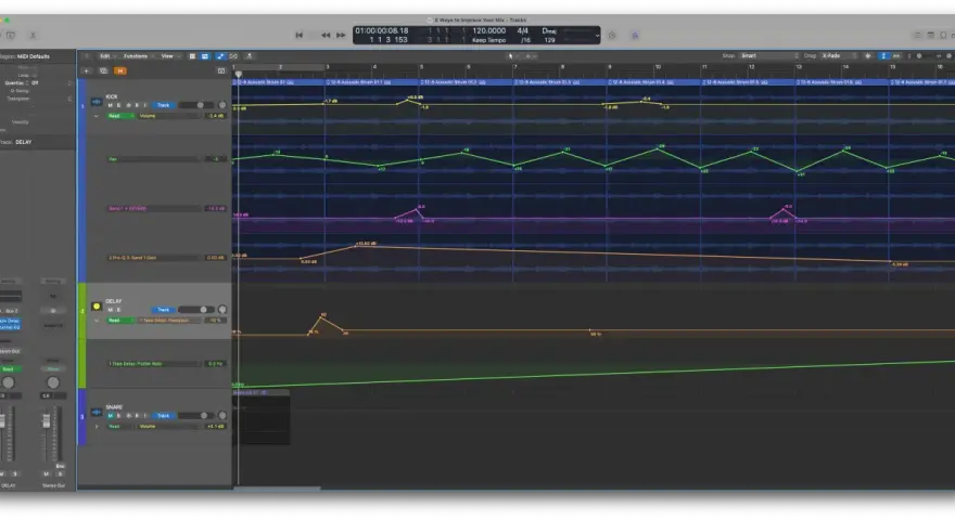 Ścieżka DELAY z efektem Tape Delay, widoczne parametry takie jak Feedback i Flutter Rate.